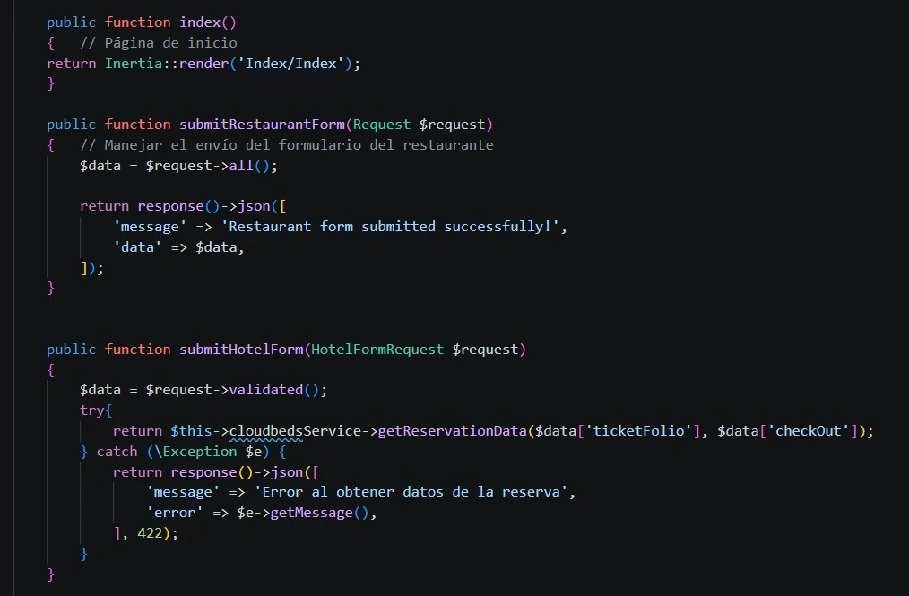 Código PHP para formularios de hotel y restaurante